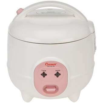 a pink and white crock pot with a lid on it.