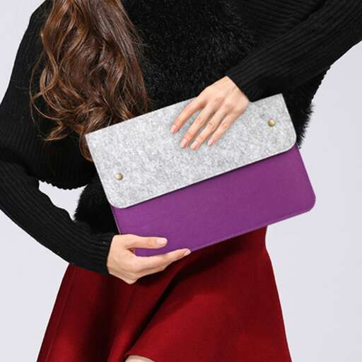 a woman in a red skirt holding a purple gift box