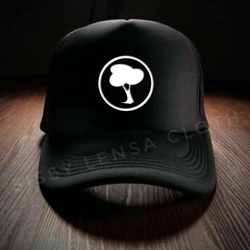 a black cap with a white logo.