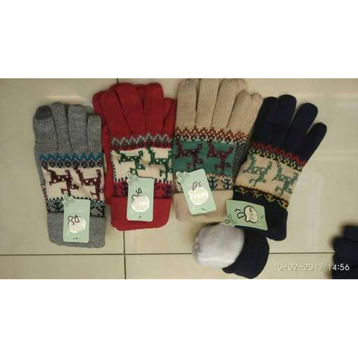 a pair of gloves with a christmas themed design.