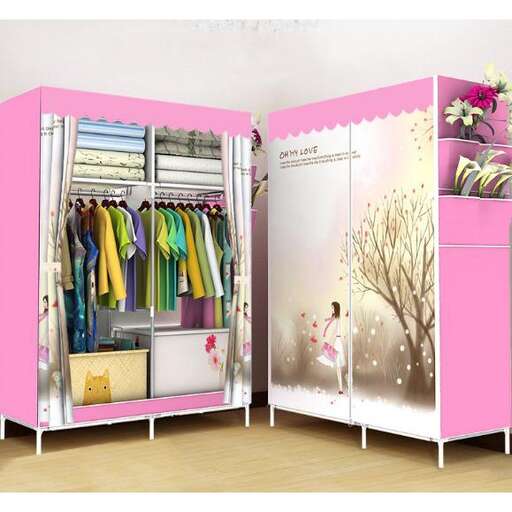 a large closet with a pink wallpaper and a flower design.