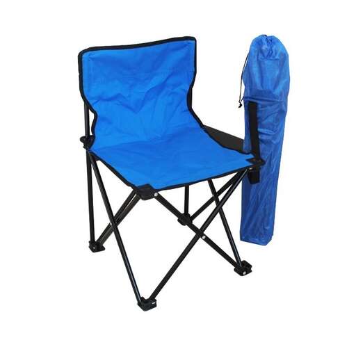 a folding chair with a blue cover.