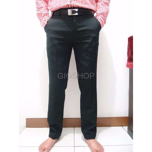 a pair of black jeans with a red and white checkered shirt.