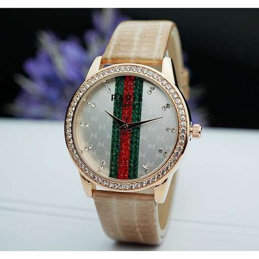 a watch with a green, red, and black stripes.