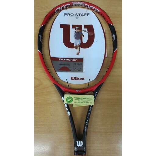 a tennis racket with a red and black handle.