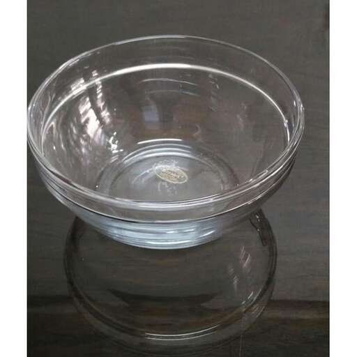 a clear glass bowl on a table.