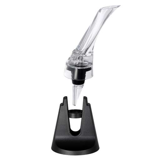 a black plastic blender with a clear plastic handle.