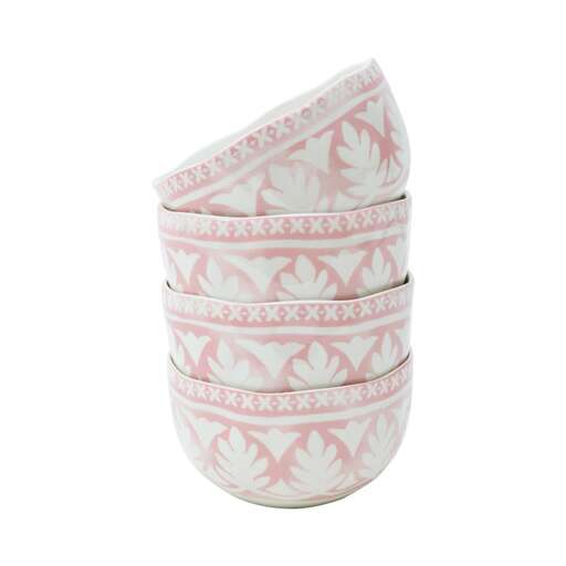 a stack of pink and white cups