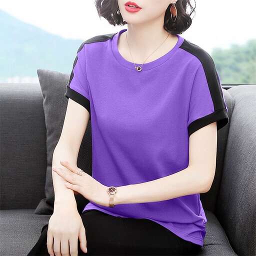 a purple tee with a black stripe on the sleeves