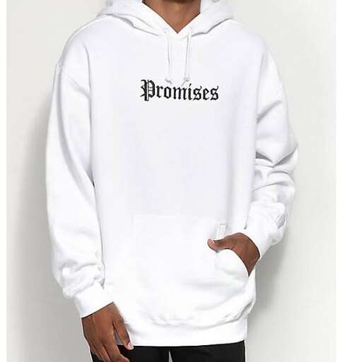 white hoodie with a black logo on the front.