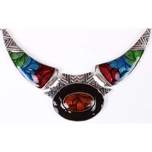 a necklace made of recycled glass and metal.