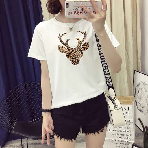 white tee with a deer on the front