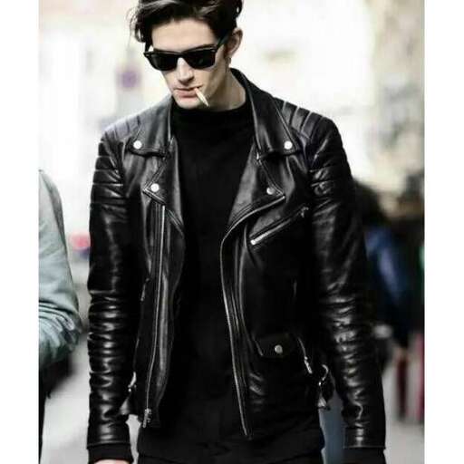 leather jacket with a black turtleneck and sunglasses