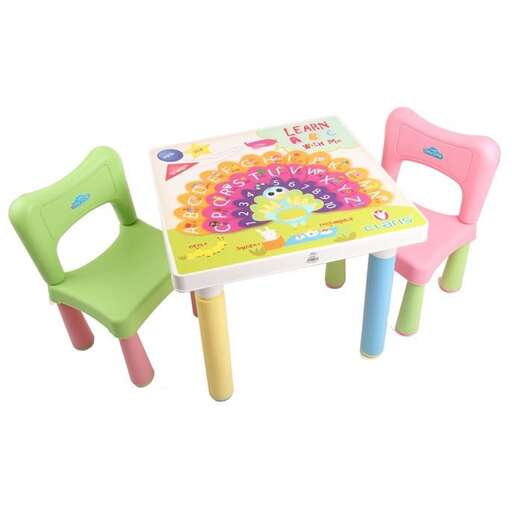 a set of chairs and table for kids.