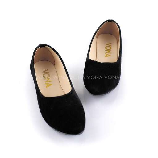 a pair of black suede shoes with gold stitching.