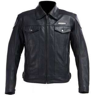 leather jacket in black with a logo on the front