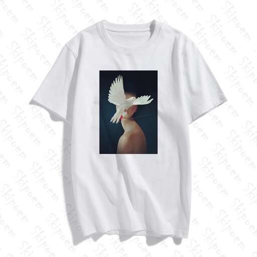 white t - shirt with a bird on the back