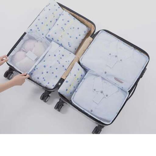 a child's arm holding a suitcase with clothes inside.