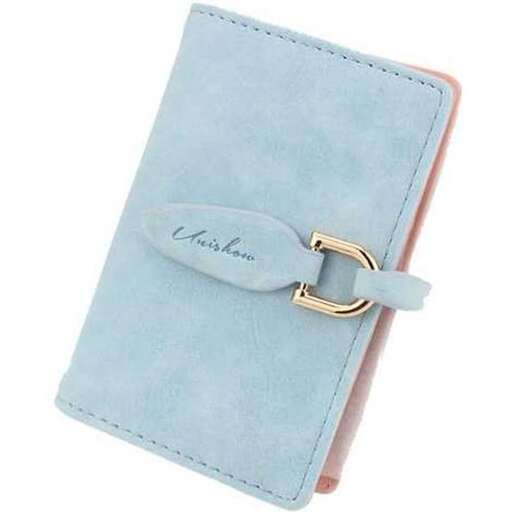 a blue leather wallet with a silver clasp.