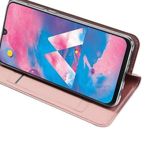 a pink cell phone with a blue and pink background.