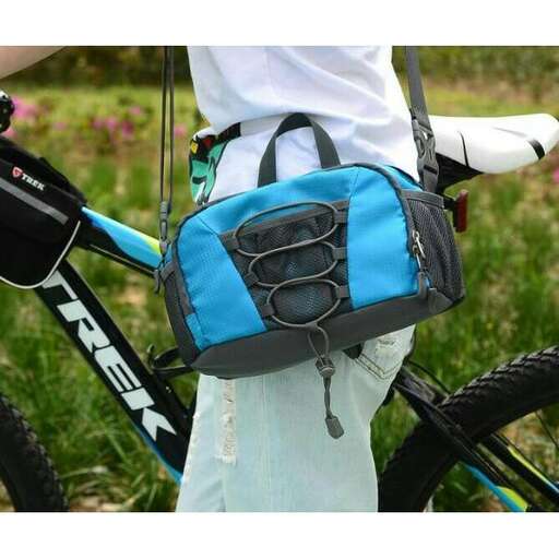 a bag that is strapped to the back of a bicycle.