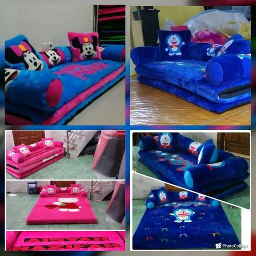 a collage of three pictures of a bed and pillows.