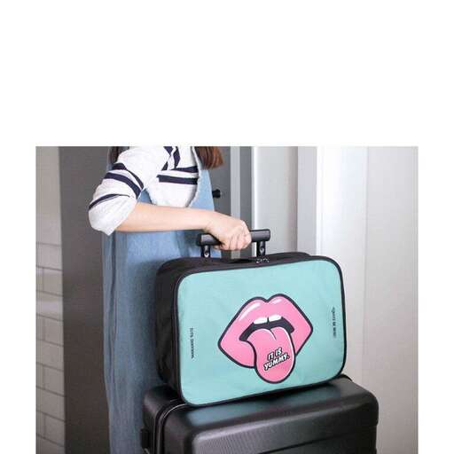 a woman is holding a suitcase with a pink mouth.