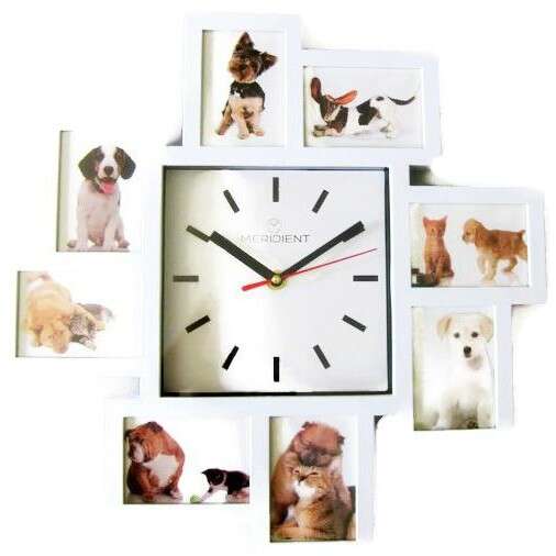 a picture of a clock with pictures of dogs and a clock.