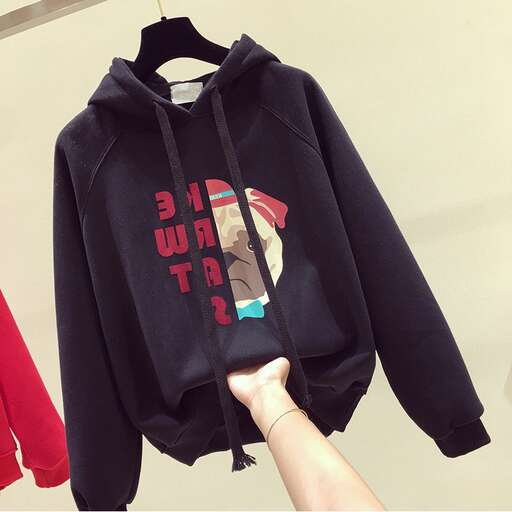 the hoodie is available in black and red.