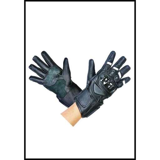 a pair of black gloves with a paper cutter.
