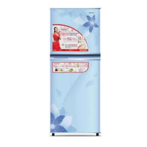 a refrigerator with a picture of a woman in a flowered dress.