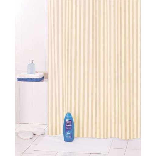 a bathroom with a striped shower curtain and a blue bottle of shampoo.