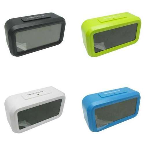 a small green and blue microwave oven.