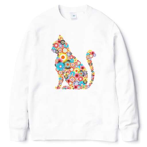 a cat with a colorful design on the front of a white sweater
