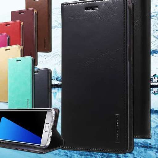 a black leather case with a blue and white cell phone next to it.