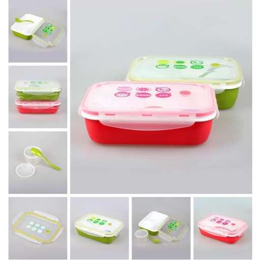 a pink and green plastic container with lid and lid.