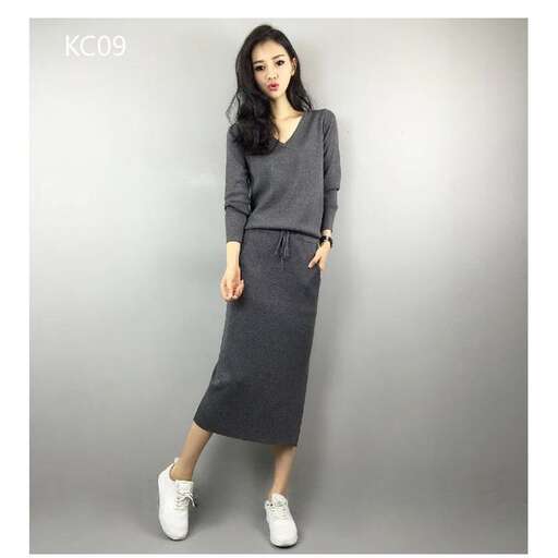 a long gray dress with white sneakers