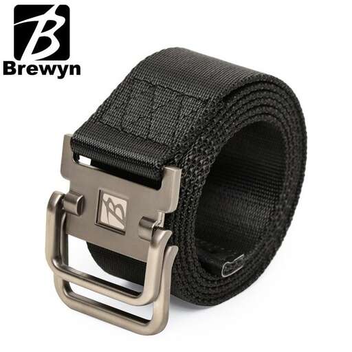 black leather belt with a stainless steel buckle.