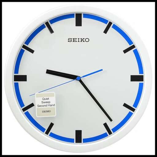 a clock with blue trim and black hands