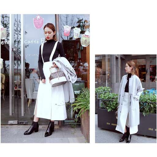 a woman in a white coat and black boots