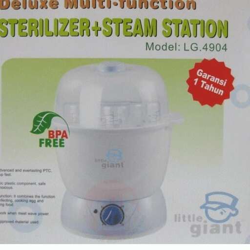 a white electric blender with a blue label