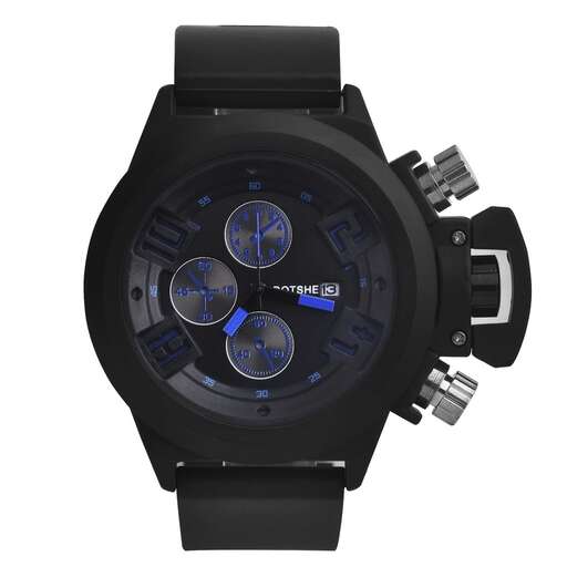 the watch is made of black leather and has a blue dial and a black dial.