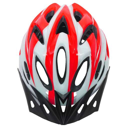 a red and black helmet with a curved design
