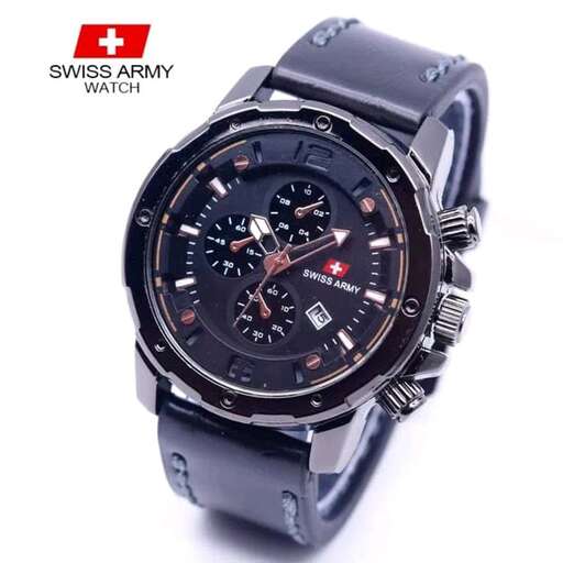 watch - black leather strap with a black dial