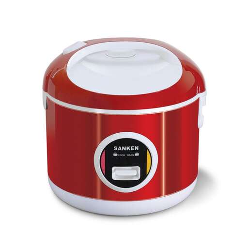 a red and white ice bucket with lid