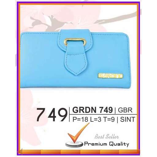 a blue leather wallet with a picture of a woman in a pink flower