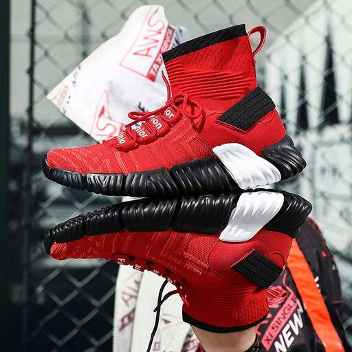 a pair of red and black gloves