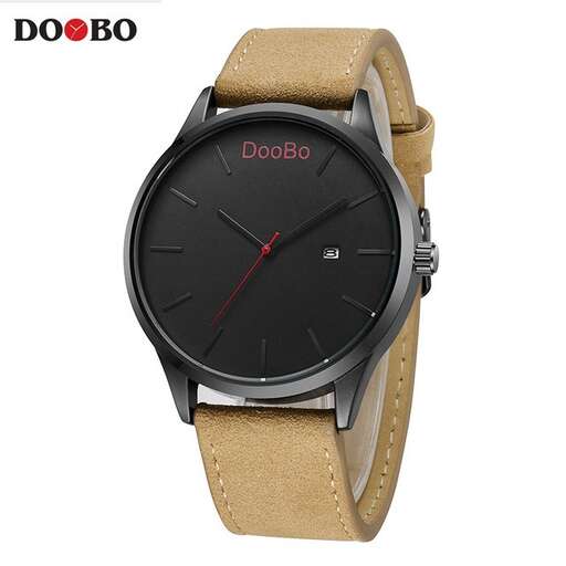black leather watch with a black dial