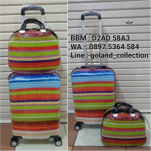 a colorful suitcase with wheels and a bag on wheels.