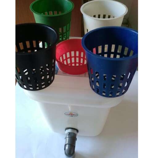 a set of three plastic baskets with a handle.
